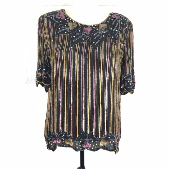 Vintage Justine Todd Beaded Scallop Edge Top Sz M - Picture 1 of 8